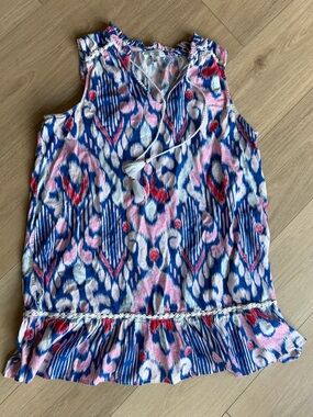 Sleeveless Pink & Blue Printed Ruffle Hem dress